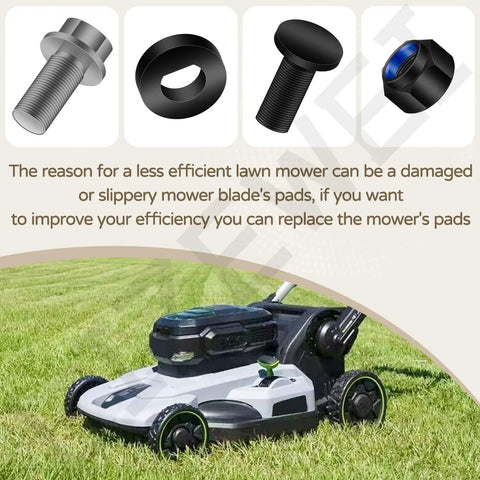 Two Pack 5630351002 Lawn Mower Blade Bolt Nut, One Pack 5640226002 Center Flange Bolt, And One Pack 5650705002 Washer Replacement Kit shown with lawn mower