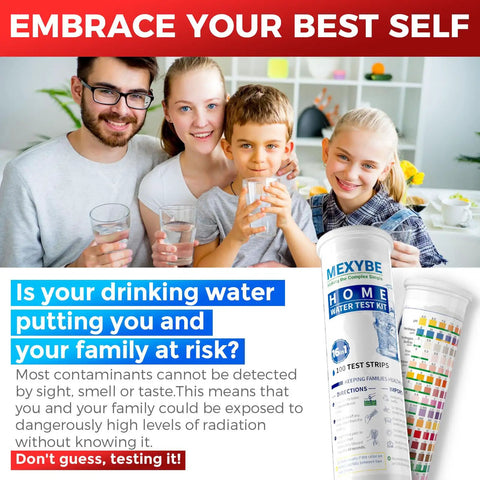 Family of four holding glasses of water with a No Sweat 17 In 1 Drinking Water Testing Kit on the table.
