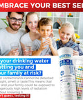 A family of four holds glasses of clean water, promoting The Real Deal Household Drinking Water Test Kit With One Hundred Easy Read Strips And Four Fast Bacteria Checks For Hardness Lead Copper Iron And Ph So You Keep Your Tap Water Totally Fresh.