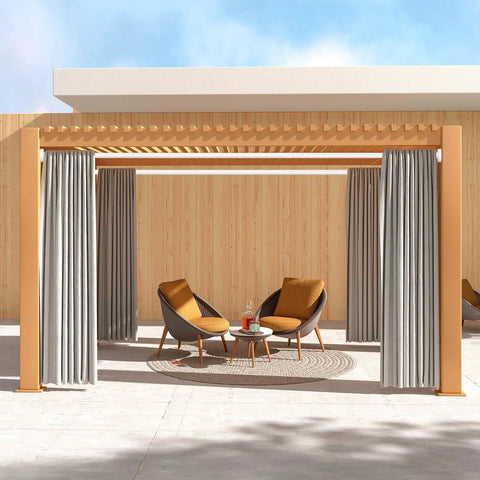 Outdoor patio setup with brown chairs and table under wood pergola with gray curtains using White No Drill Tension Curtain Rods Extends From 41 To 146 Inches, Extra Long Adjustable Heavy Duty Rods For Windows, Balcony Patio, Living Room And Bathroom, 1.26 Inch Diameter, Easy Install.