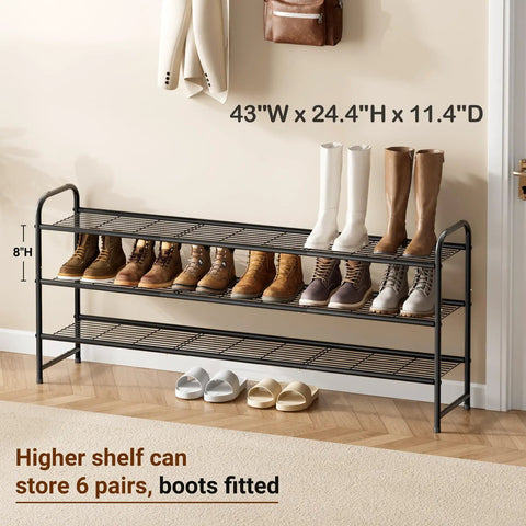 Heavy Duty Black Three Tier Metal Shoe Rack For Closet And Entryway With Sturdy Wire Grid Designed For Maximum Storage Capacity So Your Sneaker Game Stays Slick And Tight