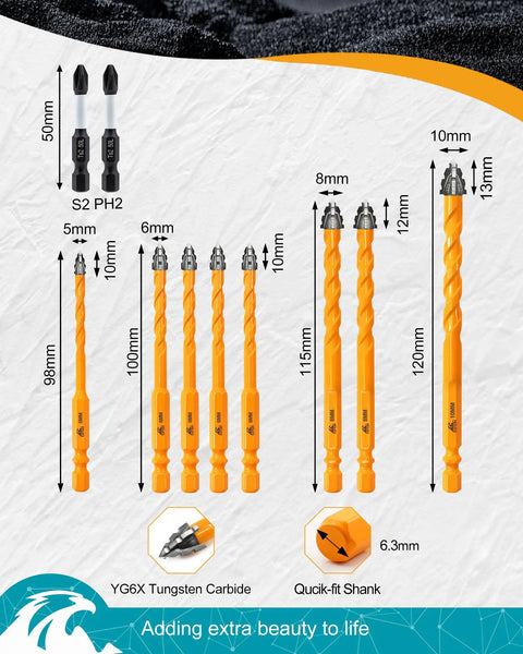 Upgraded Masonry Drill Bit Set 3/16 To 3/8 Inch Serrated Carbide Bits showing size 5mm to 12mm with quick-fit shanks and magnetic screwdriver bits.