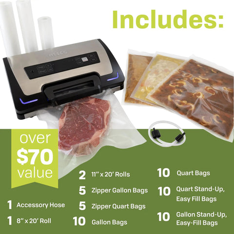 Game Changer Vacuum Sealer For Home Food Storage With LiquidLock Tech shown with sealed bags and accessories