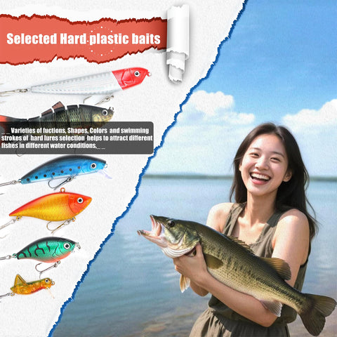 Woman holding bass with 130Piece Pro Fishing Lures Kit With Tackle Box For Bass Anglers Includes Crankbaits Spinnerbaits Soft Plastics