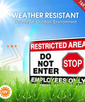 Top Shelf Restricted Area Do Not Enter Signs For Crews Heavy Gauge Aluminum Metal Plate Four Pack All Season Fade Resistant Job Site Ready Pre Drilled Holes Straight Up Easy Hang in grass with bright sky.