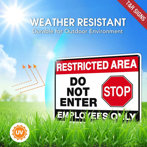 Top Shelf Restricted Area Do Not Enter Signs For Crews Heavy Gauge Aluminum Metal Plate Four Pack All Season Fade Resistant Job Site Ready Pre Drilled Holes Straight Up Easy Hang in grass with bright sky.