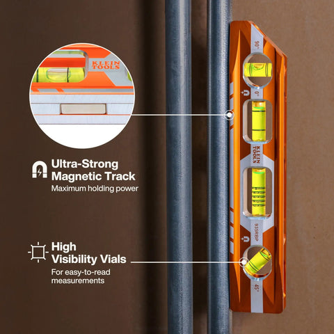 Image of 8 Inch Pitch Vial Torpedo Level With Magnetic Track Pro Grade Readouts 0 45 90 And Pitch In 1/8 Inch Increments on pipes.