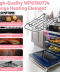 Heavy Duty Oven Broil Heating Element Replacement For KitchenAid And Whirlpool Ranges Stoves Ovens Fits WP9760774 Replaces 8301514 1201761 Easy Install Built Tough Heat, shown installed in oven with symptoms listed.