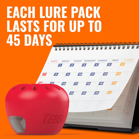 Indoor Fruit Fly Trap 4 Pack With 180 Day Food Based Lure, red apple-shaped trap next to a calendar, lasts up to 45 days.