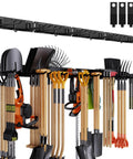 Wall Mounted Garage Tool Organizer Rack, 64 Inch Adjustable Heavy Duty Yard Tool Holder For Garden Tools, Shovels, Rakes And Power Tools, Holds Up To 900 lbs, Multi Purpose Tool Storage in black steel with tools hanging