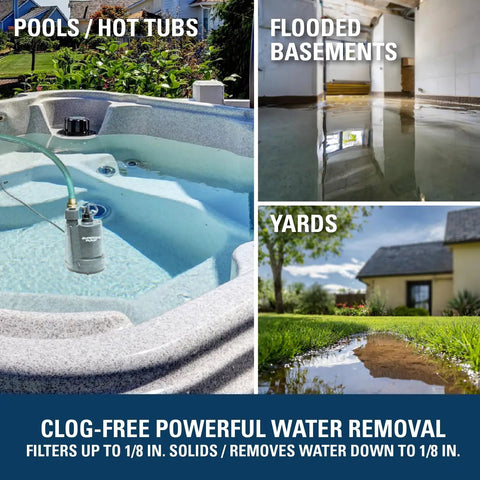 One Quarter Horsepower Submersible Workhorse Utility Pump With Thermoplastic Body in multiple uses: pools, basements, yards.