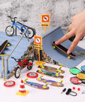 31 Piece Mini Finger Toys Set For Kids Boys Girls With 6 Finger Skateboards 4 Finger Bikes 2 Mini Scooters 4 Replacement Wheels 8 Matched Wheels 7 Tool Accessories Cool Party Favor Educational Fun, featuring skateboards and ramps in play setup.