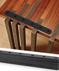 Heavy Duty Black Mending Plate And Straight Brackets Set For Wood And Furniture Repair, shown on table support, alloy steel, rust resistant.