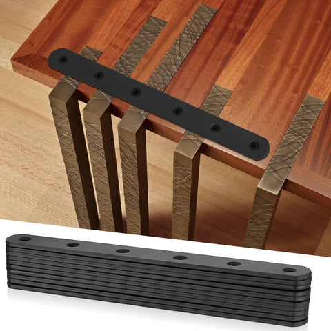 Heavy Duty Black Mending Plate And Straight Brackets Set For Wood And Furniture Repair, shown on table support, alloy steel, rust resistant.