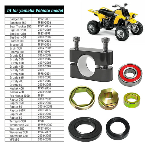 Beefed Up Steering Stem Bushing Collar Bearing Seal And Holder Nut Tool Kit for Yamaha ATV Models Beside Chart and ATV