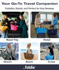 Collage of women using Foldable Travel Tote Bag For Women, 40L Weekender Duffel With Multiple Pockets And Luggage Sleeve, different settings.