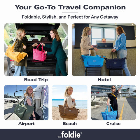 Collage of women using Foldable Travel Tote Bag For Women, 40L Weekender Duffel With Multiple Pockets And Luggage Sleeve, different settings.