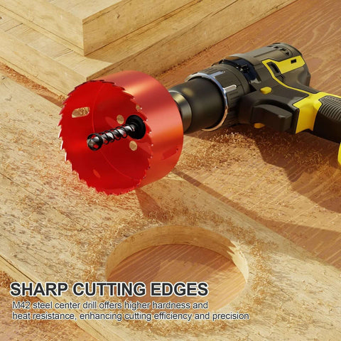 Red 4-inch bi-metal hole saw with pilot drill mounted on a cordless drill.