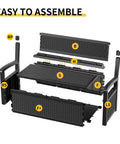 Exploded view showing assembly of 80 Gallon Outdoor Storage Bench Deck Box Waterproof Lockable For Patio Garden And Porch All Weather Storage Furniture For Tools Cushions And Backyard Gear Black.