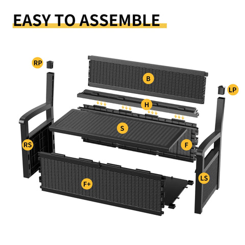 Exploded view showing assembly of 80 Gallon Outdoor Storage Bench Deck Box Waterproof Lockable For Patio Garden And Porch All Weather Storage Furniture For Tools Cushions And Backyard Gear Black.