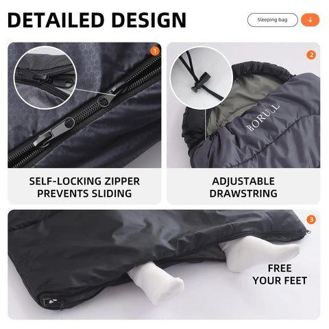 Close-up of Lightweight Warm Weather Sleeping Bag For Adults And Teens With Compression Sack, Compact Backpacking Gear features.