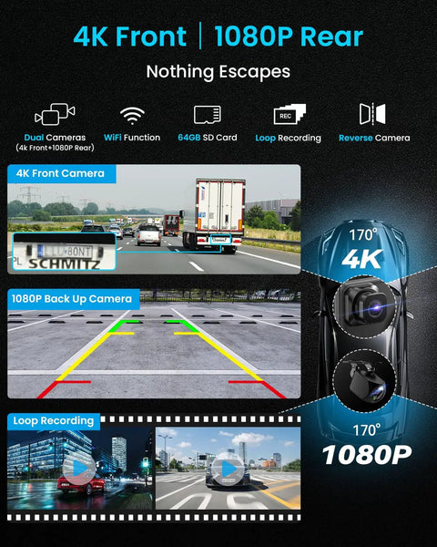 Ultra Slim 11 Inch Wireless CarPlay screen showcasing 4K dash cam, 1080p backup camera with loop recording and reverse camera features.