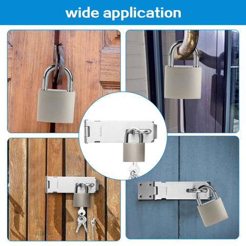 Stainless Steel Padlock Latch 5 Inch Heavy Duty Locking Hasps for Cabinets Closets and Doors with Keyed Lock in various installations