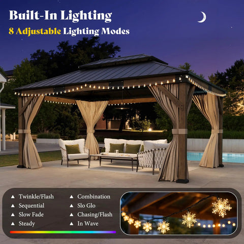 12x14 Heavy Duty Hardtop Gazebo With Double Metal Roof Wood Outdoor Pavilion With Privacy Curtains And Mosquito Netting