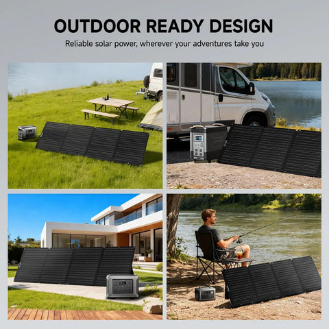 R1500 Lite Portable Power Station With SE200 200W Solar Panel Kit setup in outdoor and RV camping environments