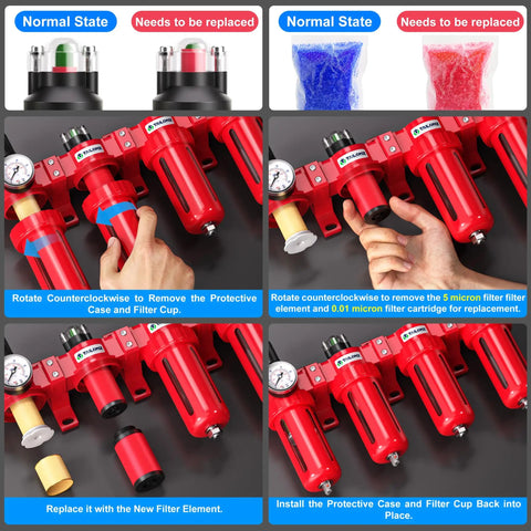 Instructions for replacing filters on Heavy Duty 0-150 PSI One Half Inch NPT Four Stage Air Drying System in red.