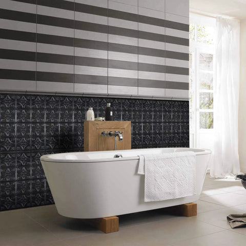 Bathroom with Tin Wall Tiles 24x24 Nail Up Black 5 Pack for Backsplash Ceiling and Stair Risers, 0.01 Inch Thick Metal Panels