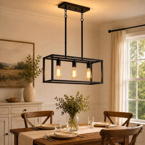 Black Industrial Kitchen Island Light With 3 Light Linear Cage Chandelier in dining room setting