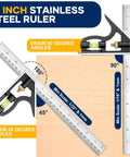 12 Inch Stainless Steel Ruler from Killer Combination Square And 12 Inch Rafter Square Carpenter Tool Set showing measurement scales and angles.