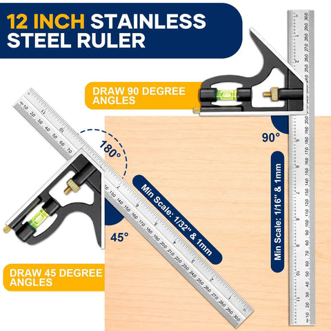 12 Inch Stainless Steel Ruler from Killer Combination Square And 12 Inch Rafter Square Carpenter Tool Set showing measurement scales and angles.