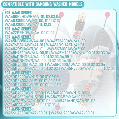 Direct Replacement Washer Suspension Rods Kit compatibility list for Samsung washer models with rods detail in the background