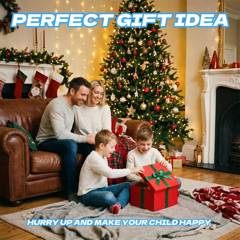 Family opening gifts by a decorated Christmas tree with stockings; perfect gift idea for kids and families.