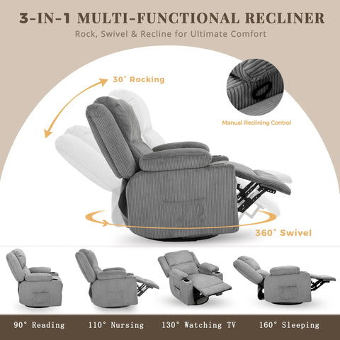 Ultimate 360 Degree Swivel Rocker Recliner With Heat And Massage For Nursery And Living Room showcasing swivel and recline features
