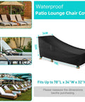 Heavy Duty Waterproof Patio Chaise Lounge Cover For Outdoor Furniture Fits 78L X 34W X 32H Inches Black Tough As Nails All Weather Protection From Rain Sun Dust And Scratches shown covering a lounge chair outdoors.