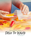 Person placing sliced peppers in Heavy Duty Vacuum Sealer Bags 200 Quart 8x12 Inches For Food Storage And Sous Vide Meal Prep BPA Free