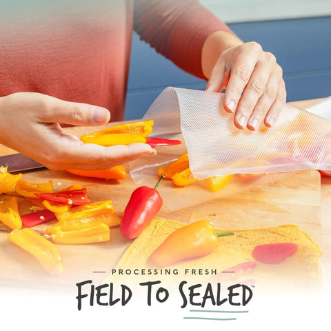 Person placing sliced peppers in Heavy Duty Vacuum Sealer Bags 200 Quart 8x12 Inches For Food Storage And Sous Vide Meal Prep BPA Free