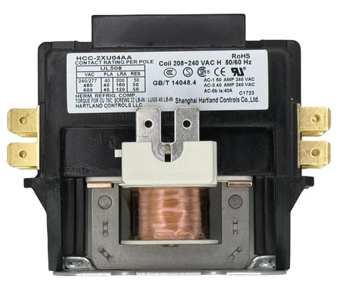 Front view of Compact 208V-240V 40A DPST Contactor for HVAC and commercial appliances, model HCC-2XU04AA with visible coil and terminals.