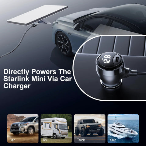 Heavy Duty Waterproof DC Power Cable With Switch And Digital Volt Meter For Cars Trucks RVs Boats 12V To 48V 16 AWG 10 FT USB C PD charging a Starlink Mini from a vehicle.