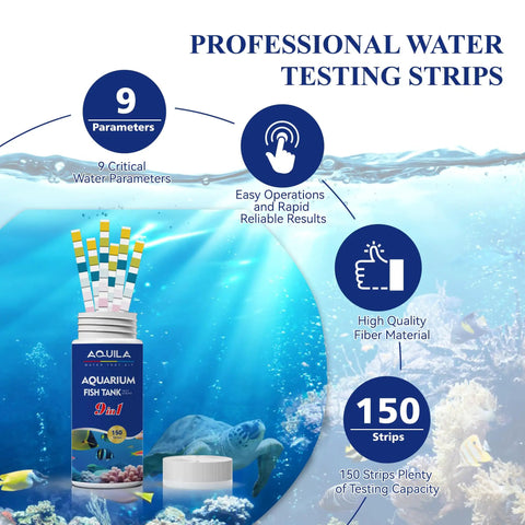 Top Shelf Aquarium Test Strips Checks Ph Ammonia Chlorine Hardness Alkalinity Nitrite Sulfate Copper Iron For Freshwater And Saltwater Fish Tank Water Clarity Kit in a clear aquarium setting.