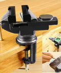 Heavy Duty Clamp On Vise With 360 Degree Rotating Jaw, 3.2 Inch Wide Jaw, edge-mounted on wooden bench for DIY use