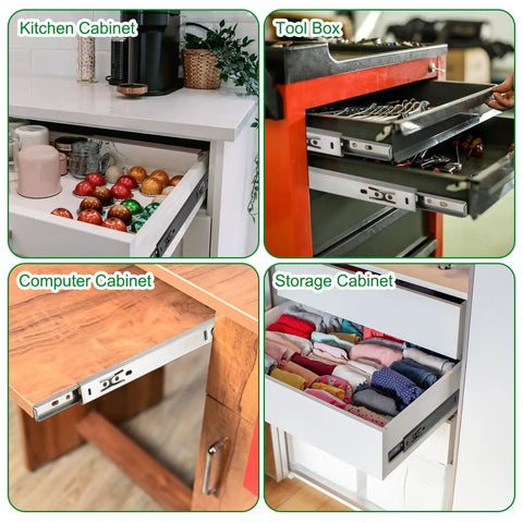 Heavy Duty Soft Close Drawer Slides For Cabinets And Kitchen Drawers, Full Extension Ball Bearing Runners Black 13.8 Inch Pair shown in various cabinets.