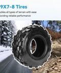 19x7-8 Street Tubeless ATV Go Kart UTV Tire in front of snowy and rugged terrain, showcasing off-road capability.