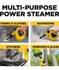Heavy Duty Handheld Steam Cleaner Badass Chemical Free Deep Powerhouse With 11 Slick Nozzles For Kickin Grime Off Floors Carpets And Kid Safe Home Sanitizing Tools, shown steaming fabric, bathroom, kitchen, and window.