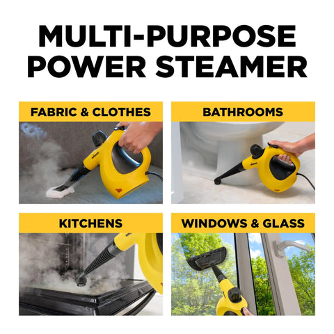 Heavy Duty Handheld Steam Cleaner Badass Chemical Free Deep Powerhouse With 11 Slick Nozzles For Kickin Grime Off Floors Carpets And Kid Safe Home Sanitizing Tools, shown steaming fabric, bathroom, kitchen, and window.