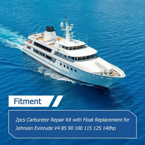 White yacht on ocean with text: Two Pack Carburetor Repair Kit With Float, Needle And Seat, Gaskets and O Rings for V4 85-140HP Motors.
