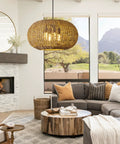 Large 22.83 Inch Rattan Boho Chandelier With Hand Woven Wicker, 4 Light Pendant Ceiling Fixture in stylish living room setting